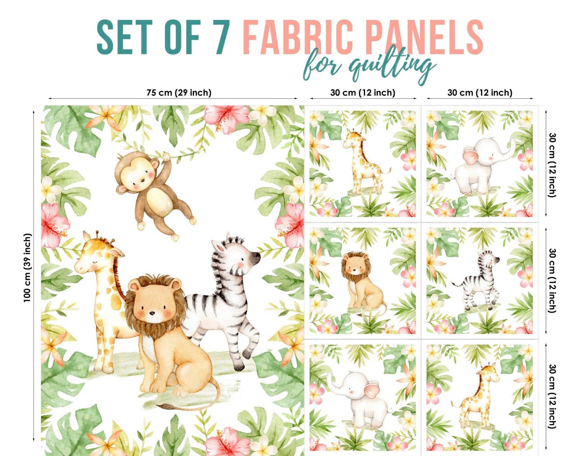 A set of 7 fabric panels with a jungle safari theme, featuring prints of a giraffe, lion, zebra, on a white background with green foliage.