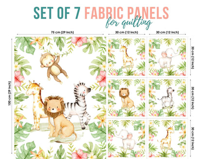 A set of 7 fabric panels with a jungle safari theme, featuring prints of a giraffe, lion, zebra, on a white background with green foliage.