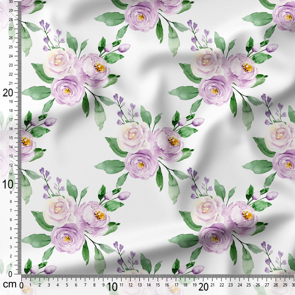 Floral pattern with purple and green flowers on a white background, measured with a ruler.