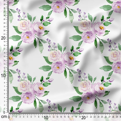 Floral pattern with purple and green flowers on a white background, measured with a ruler.