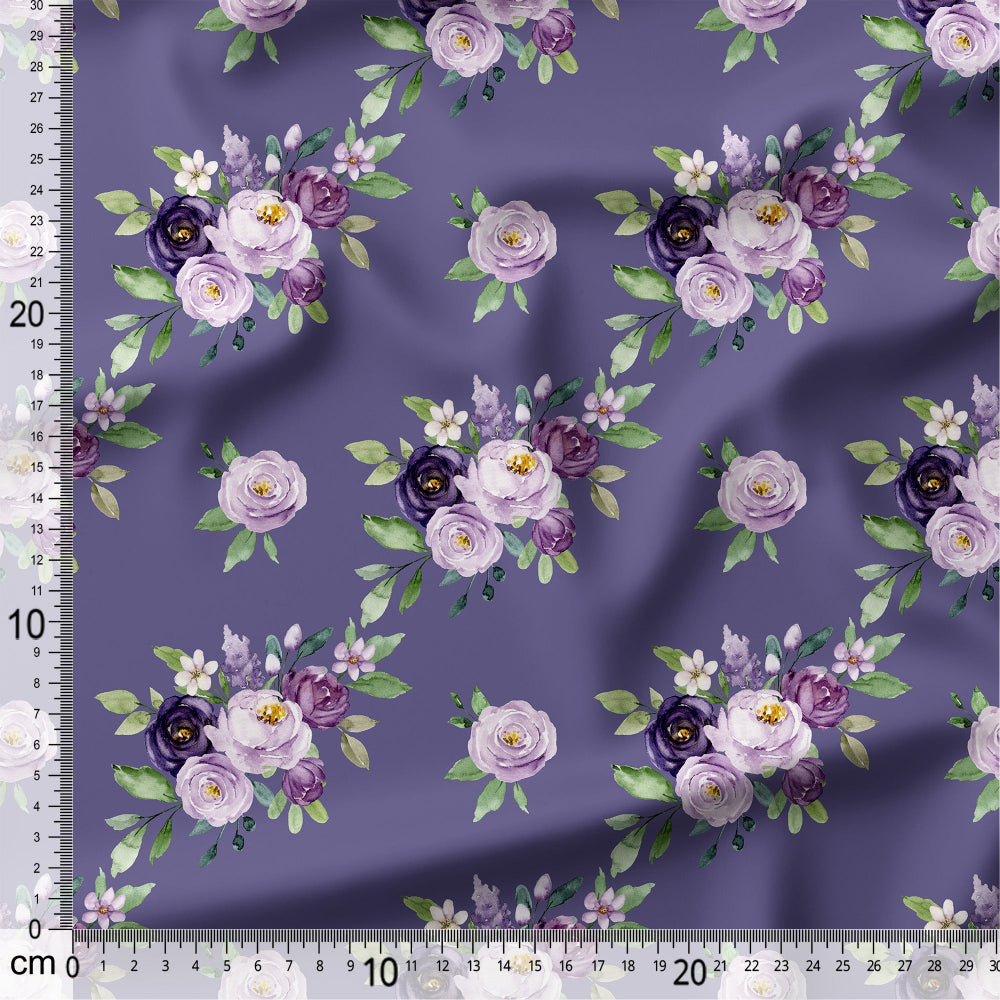 Floral pattern with purple and pink flowers on a purple background, measured with a ruler.