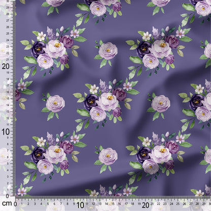 Floral pattern with purple and pink flowers on a purple background, measured with a ruler.