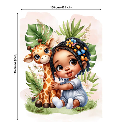 Illustration of a child holding a giraffe surrounded by leaves and flowers with dimensions shown.
