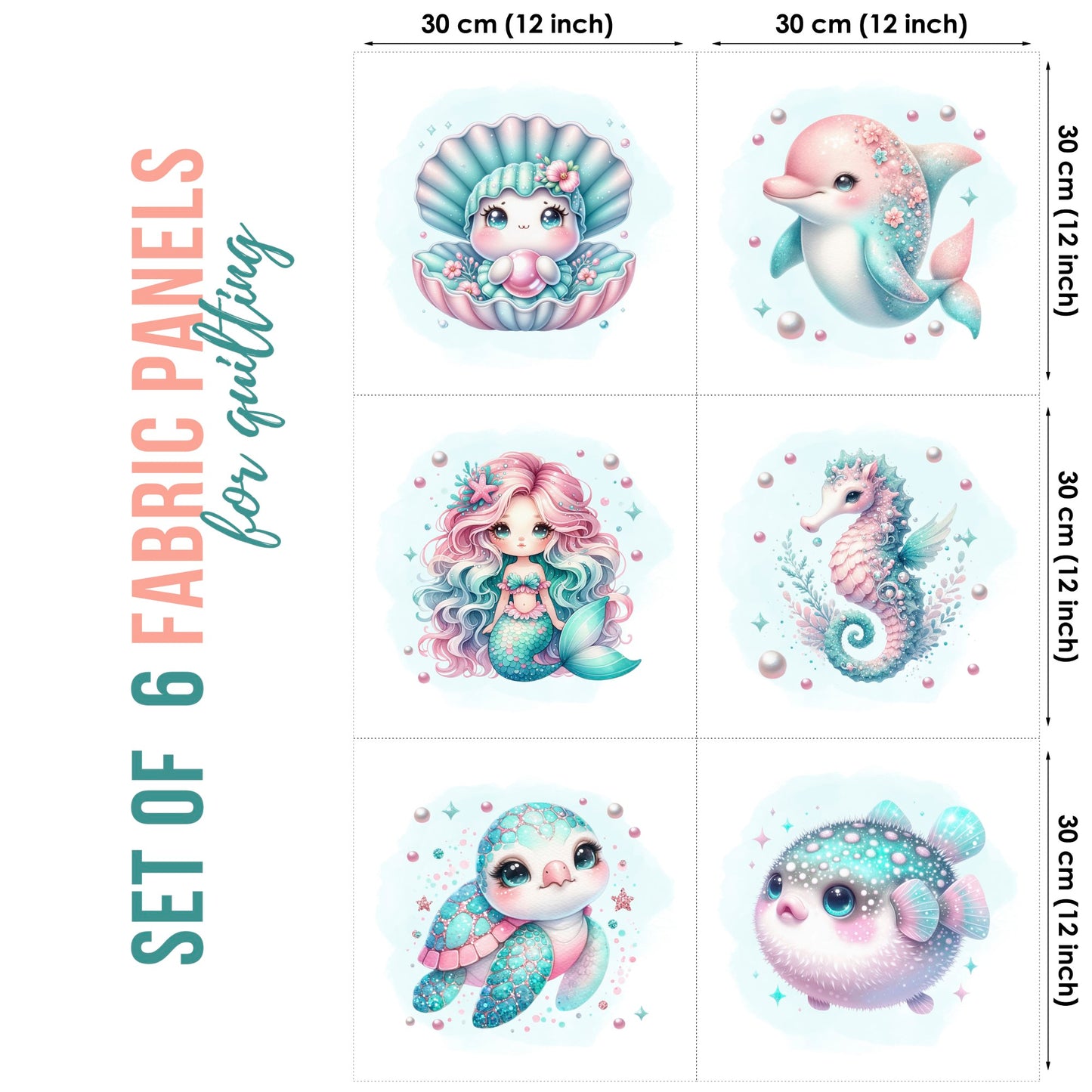 Set of 6 fabric panels with cartoon sea creatures and measurements
