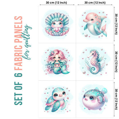 Set of 6 fabric panels with cartoon sea creatures and measurements