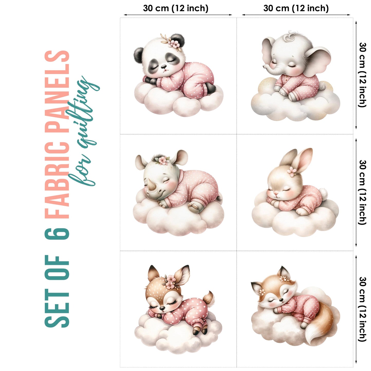 Set of 6 fabric panels with cartoon animals on clouds, dimensions shown.