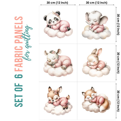 Set of 6 fabric panels with cartoon animals on clouds, dimensions shown.