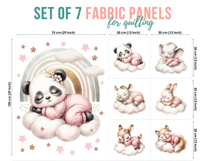 Set of 7 fabric panels for quilting with cartoon animals and rainbow design.