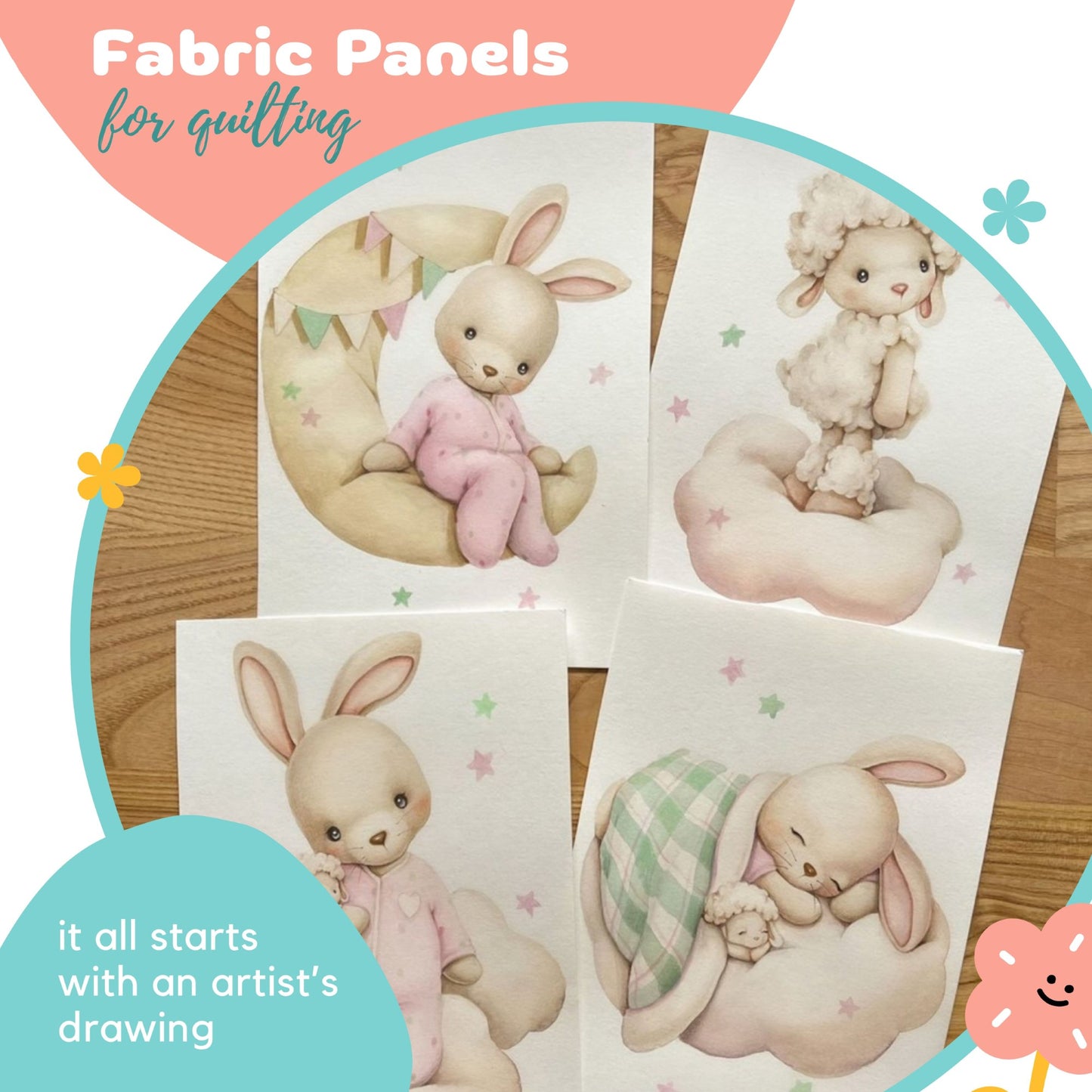 Exclusive Bunny&Toy Fabric Panels for Quilting