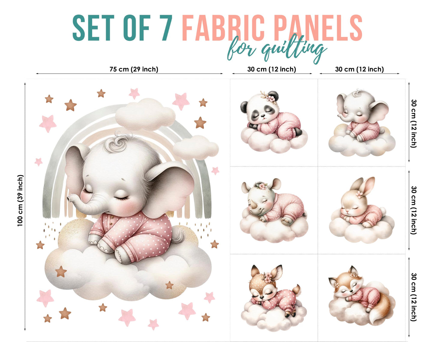 Set of 7 fabric panels for quilting with cartoon animals on a white background