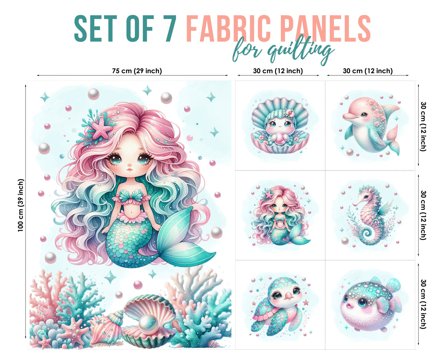 Set of 7 fabric panels for quilting with mermaid and sea creature designs.