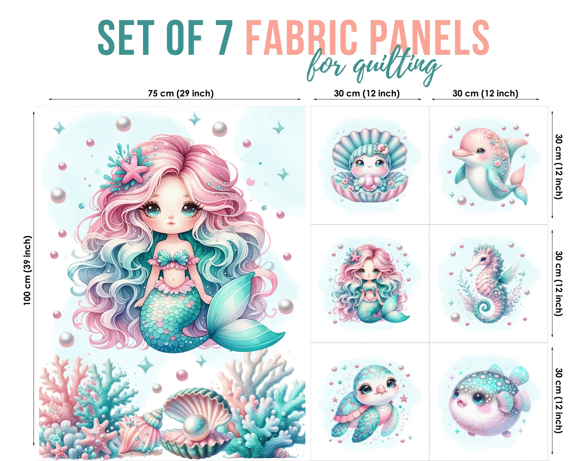 Set of 7 fabric panels for quilting with mermaid and sea creature designs.