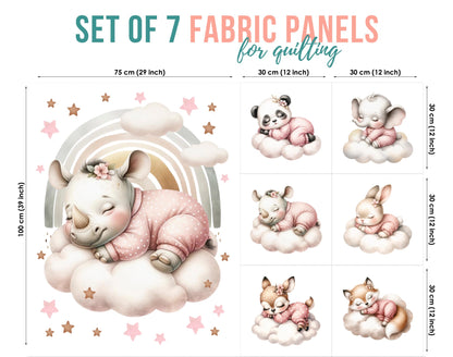 Set of 7 fabric panels for quilting with cartoon animals on clouds and a rainbow.