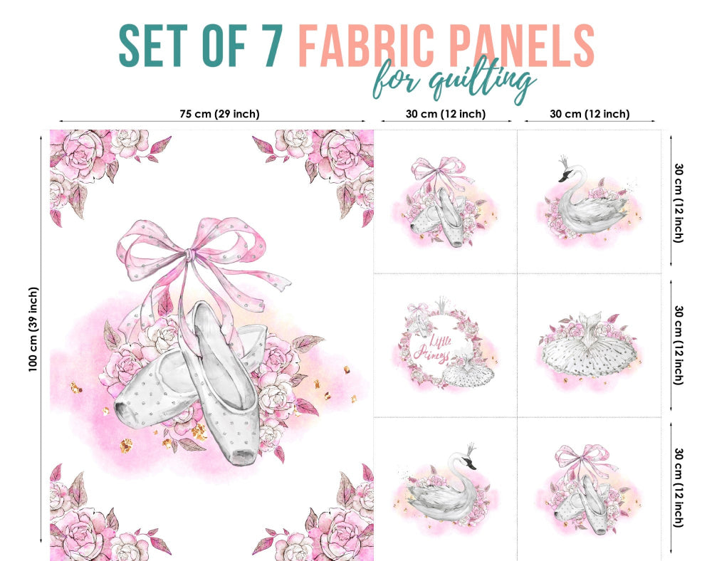 A set of 7 fabric panels with a ballet-themed print, including designs of shoes and flowers in pink