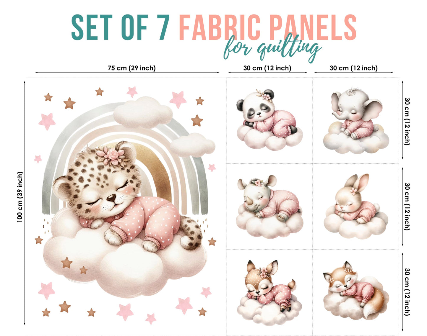 Set of 7 fabric panels for quilting with cartoon animals and rainbow design.