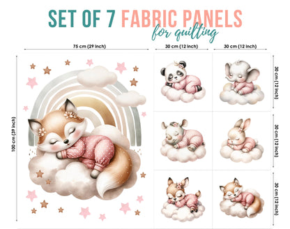 Set of 7 fabric panels for quilting with cartoon fox and rainbow design.