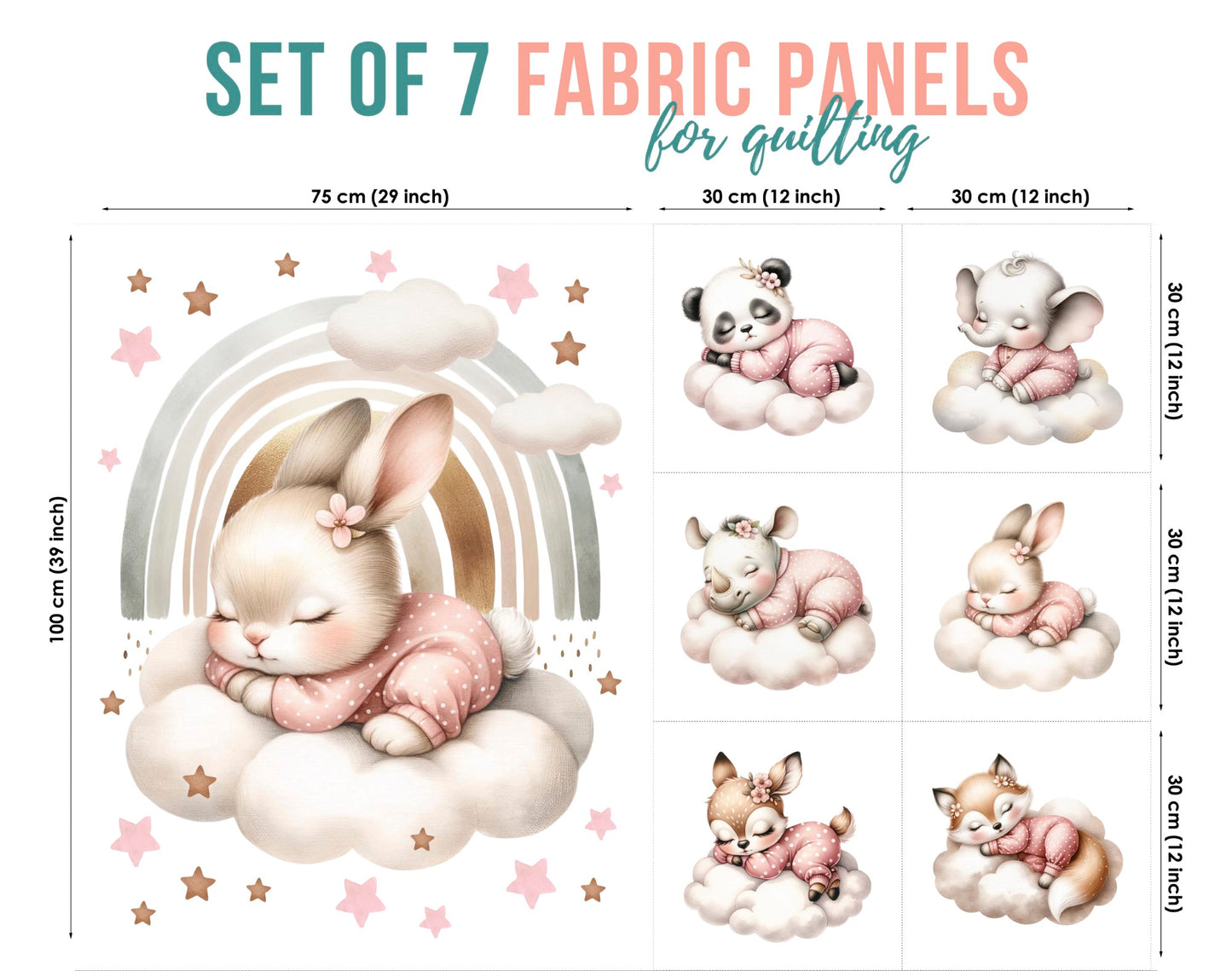 Set of 7 fabric panels for quilting with cartoon animals on a white background