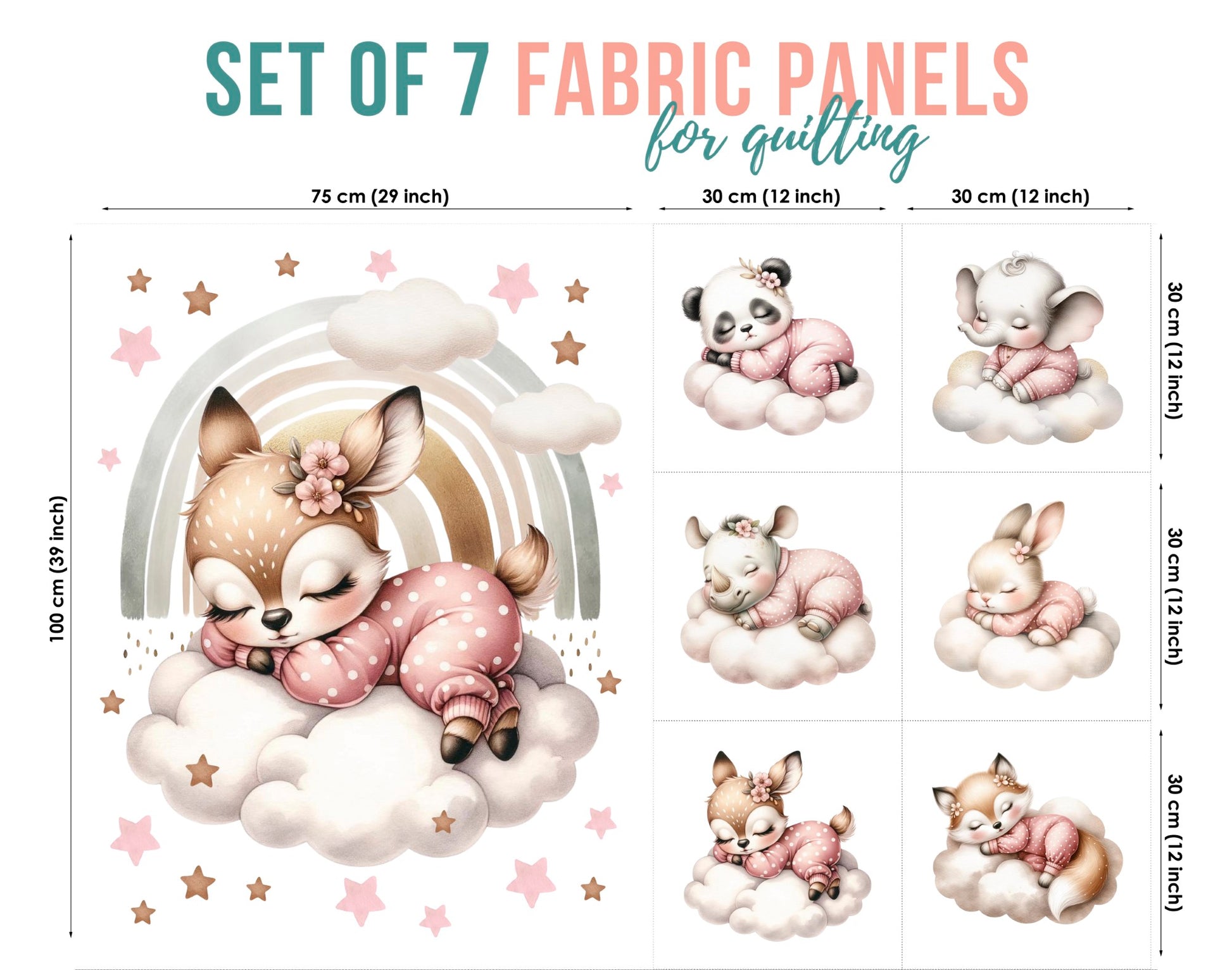 Set of 7 fabric panels for quilting with cartoon animals on a white background