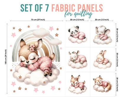 Set of 7 fabric panels for quilting with cartoon animals on a white background