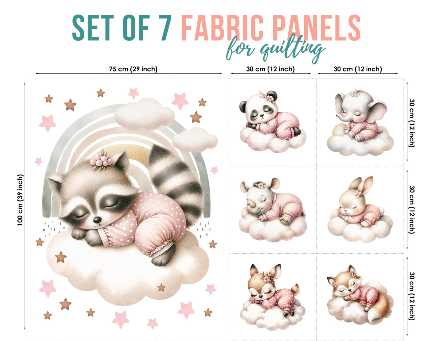 Set of 7 fabric panels for quilting with cartoon animals on a white background