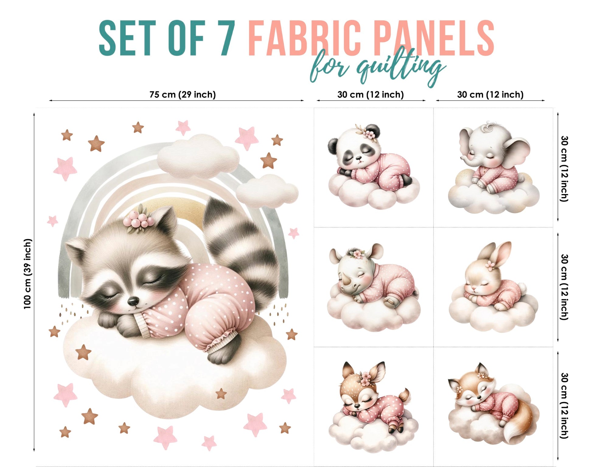 Set of 7 fabric panels for quilting with cartoon animals on a white background