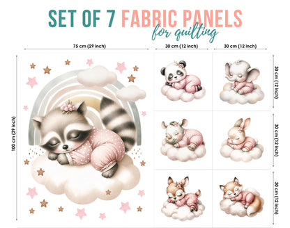 Set of 7 fabric panels for quilting with cartoon animals on a white background