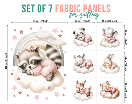 Set of 7 fabric panels for quilting with cartoon animals on a white background