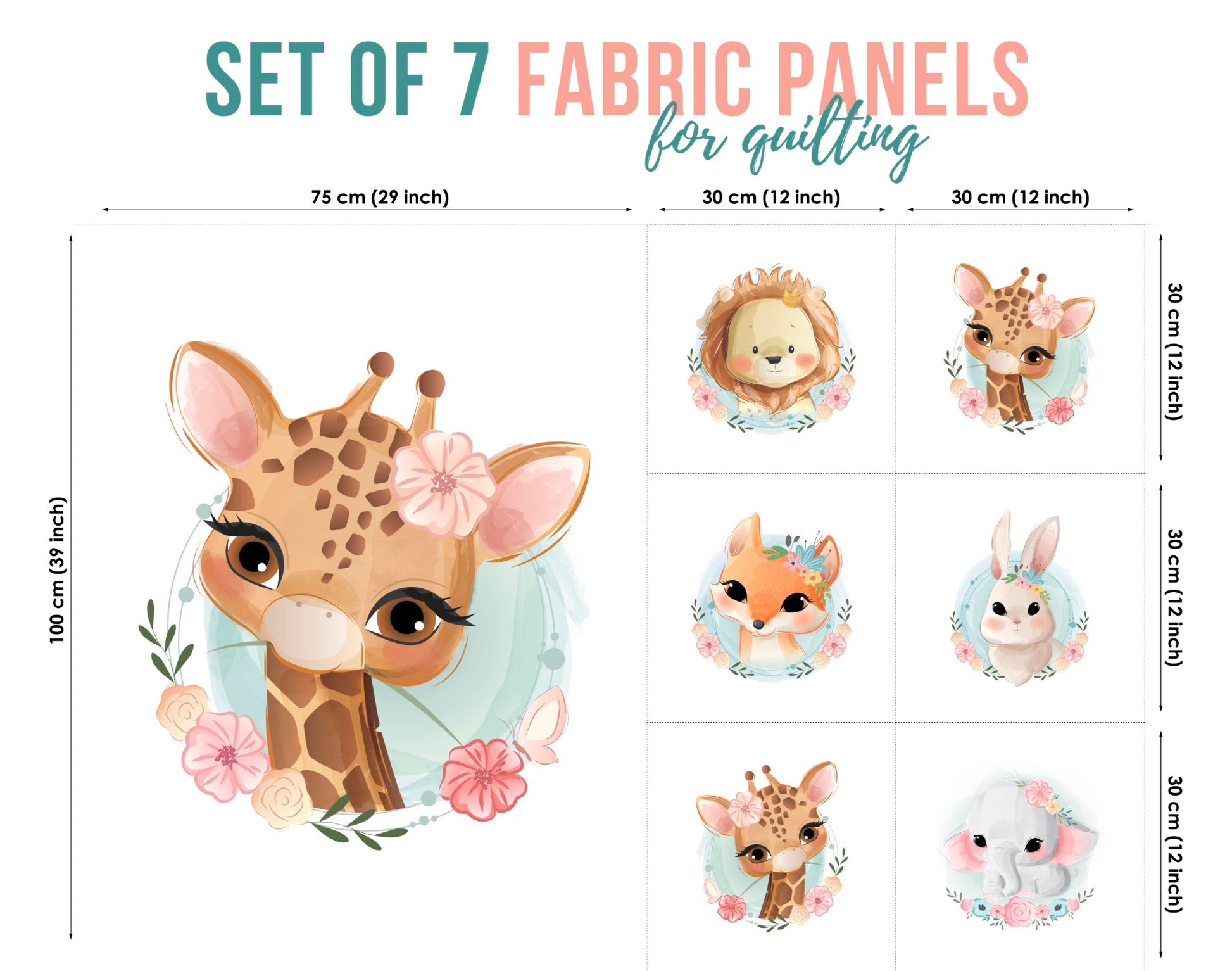 Set of 7 fabric panels featuring various cute animal designs, such as a giraffe, deer, and lion, with floral patterns and facial features.