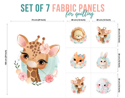 Set of 7 fabric panels featuring various cute animal designs, such as a giraffe, deer, and lion, with floral patterns and facial features.