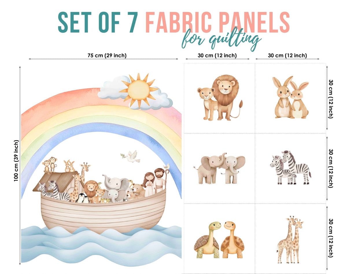 A quilting fabric panel set featuring Noah's Ark illustrations with safari animals. The left panel shows a large design of the ark with a rainbow, sun, clouds, and various animals.