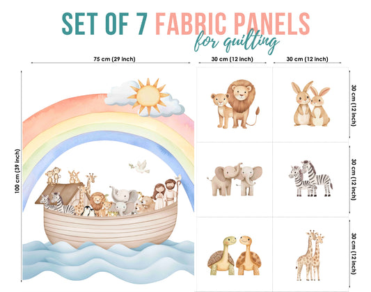 A quilting fabric panel set featuring Noah's Ark illustrations with safari animals. The left panel shows a large design of the ark with a rainbow, sun, clouds, and various animals.