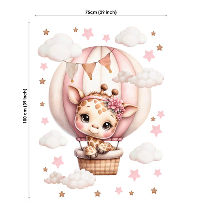 Fabric panel of a giraffe in a hot air balloon with measurements on a white background