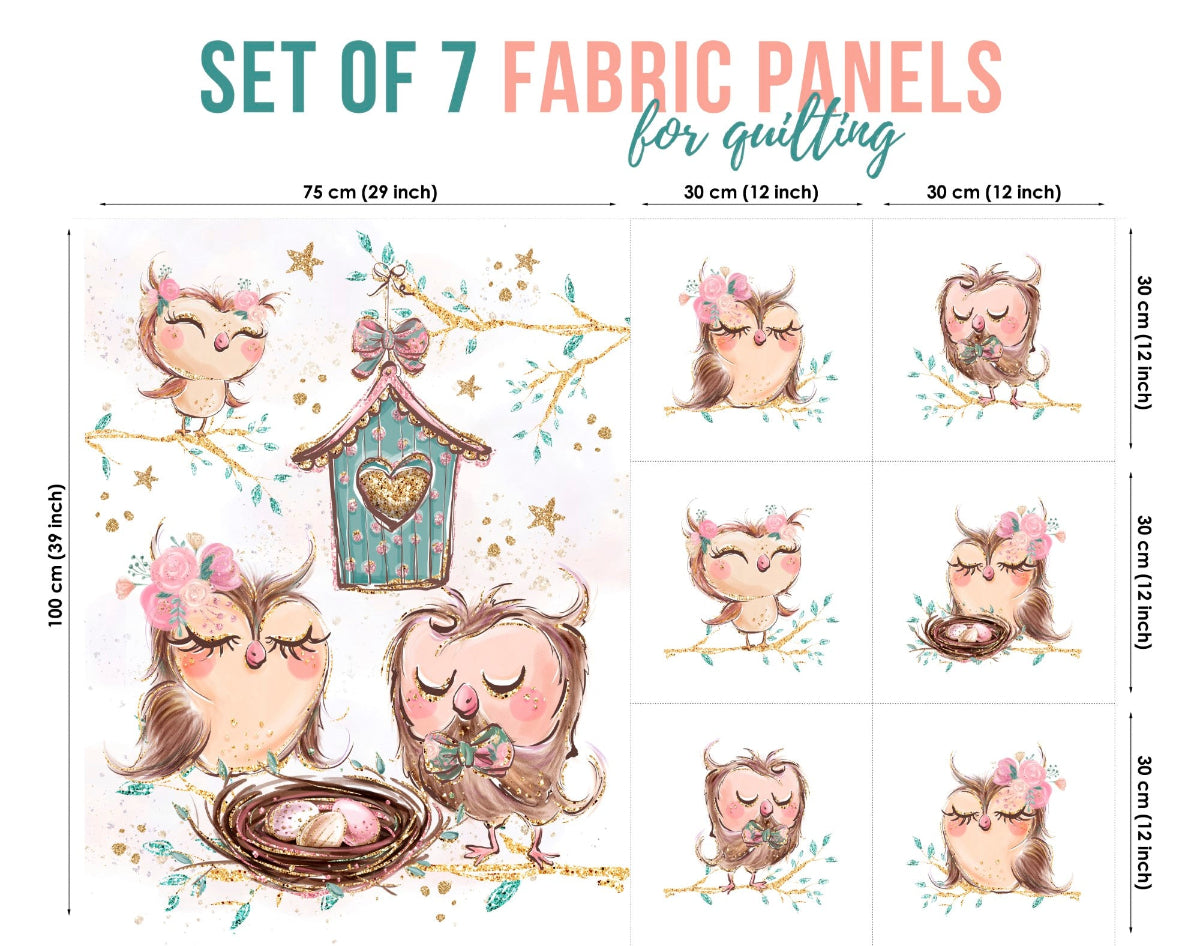 Set of 7 fabric panels for quilting with cartoon owls and a birdhouse design.