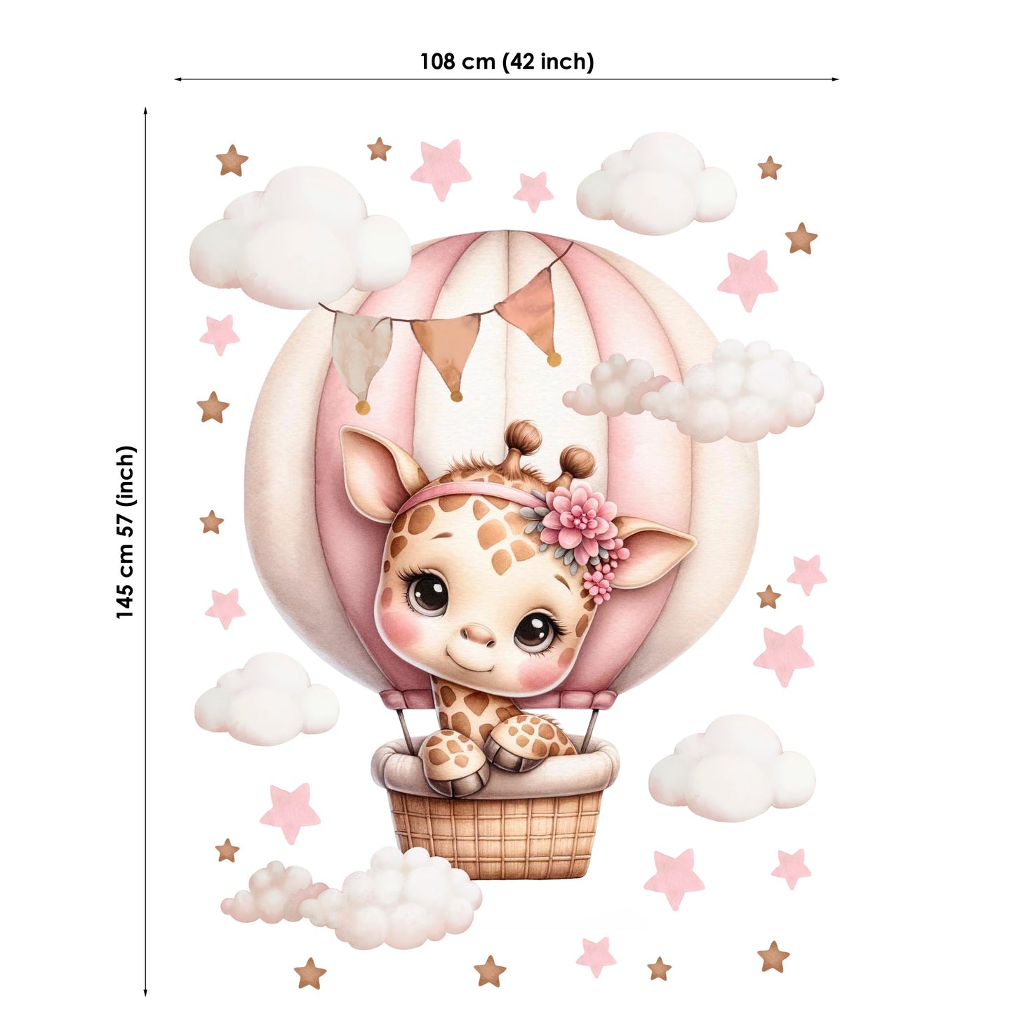 Fabric panel of a giraffe in a hot air balloon with measurements on a white background