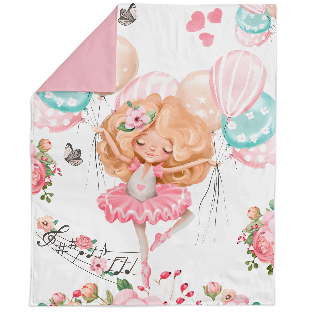 Fabric panel featuring a cartoon girl in a pink dress with balloons and a musical score in the background, on a pink background with floral elements.