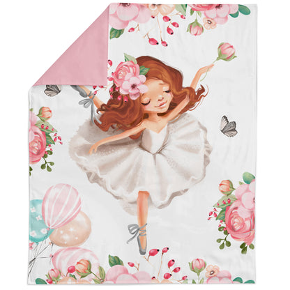 A fabric panel featuring a cartoon illustration of a ballerina in a pink dress with white flowers and butterflies around her, on a white background.