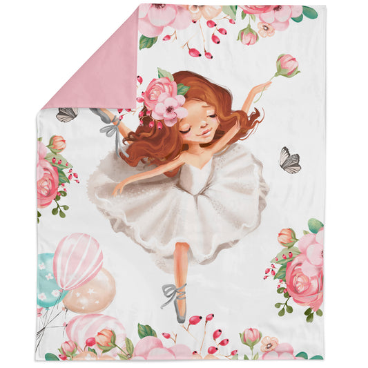A fabric panel featuring a cartoon illustration of a ballerina in a pink dress with white flowers and butterflies around her, on a white background.