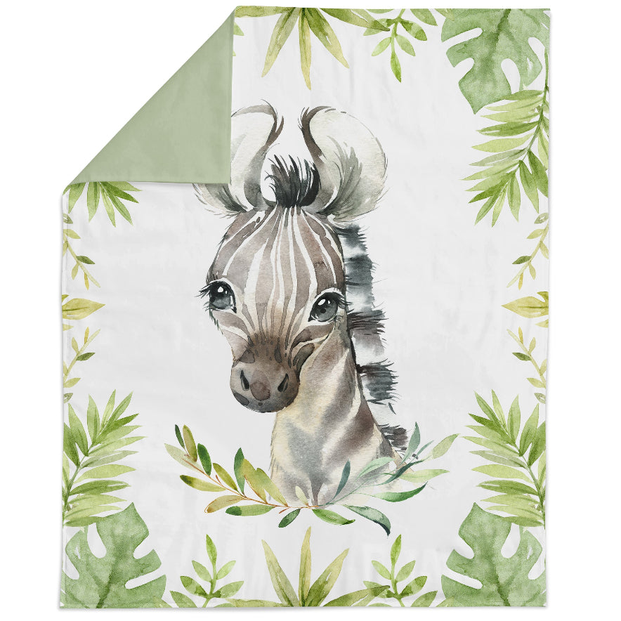 Fabric panel with a jungle safari theme, featuring an illustration of a giraffe among green foliage.