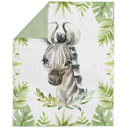 Fabric panel with a jungle safari theme, featuring an illustration of a giraffe among green foliage.