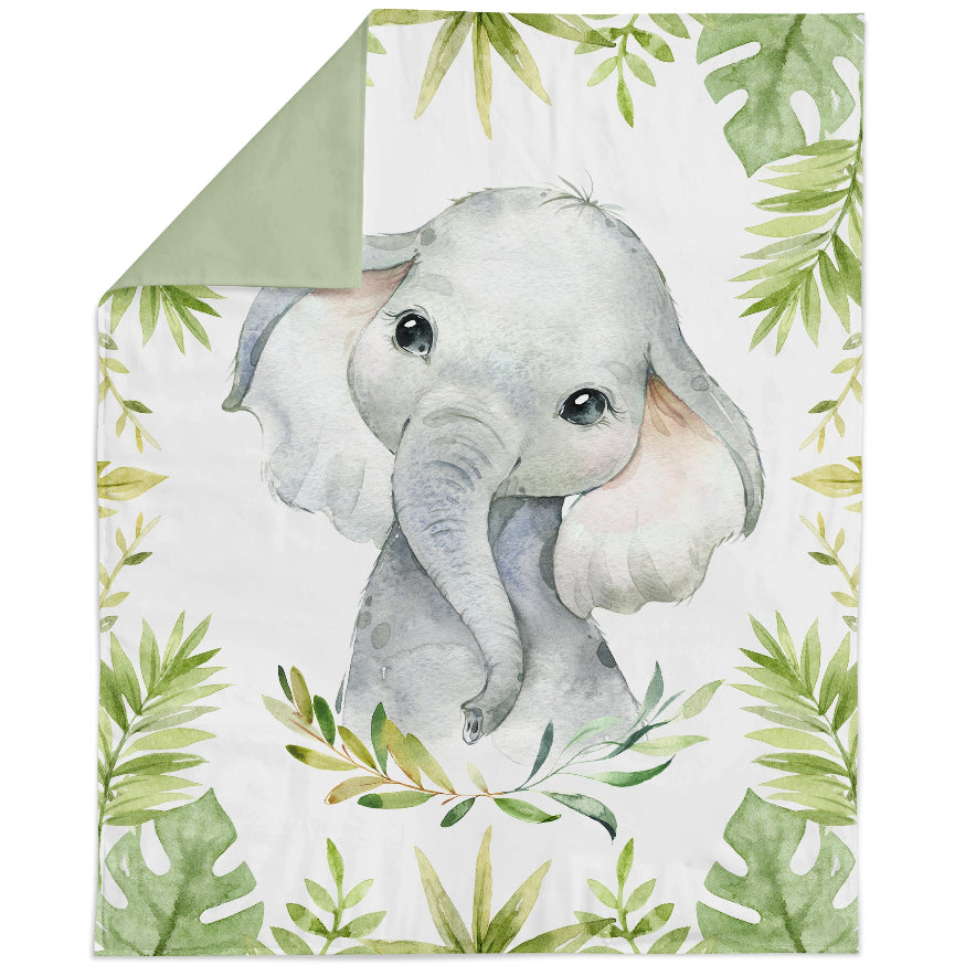 A fabric panel featuring an illustrated elephant in a jungle safari setting, with green foliage and a white background.