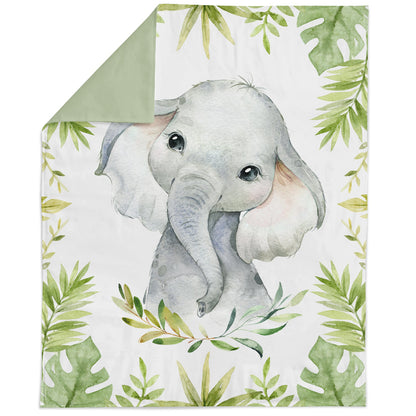 A fabric panel featuring an illustrated elephant in a jungle safari setting, with green foliage and a white background.