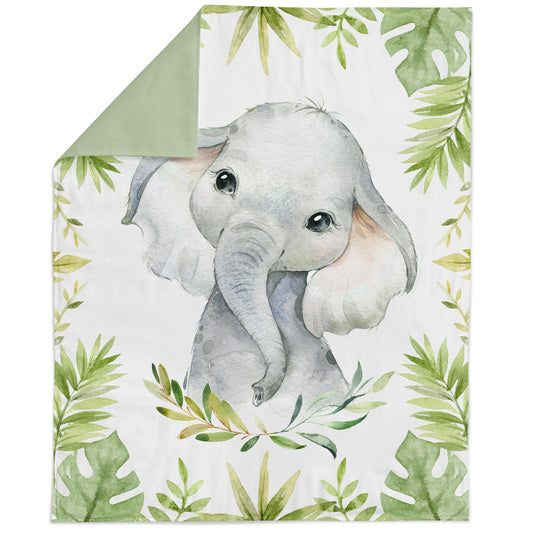 A fabric panel featuring an illustrated elephant in a jungle safari setting, with green foliage and a white background.