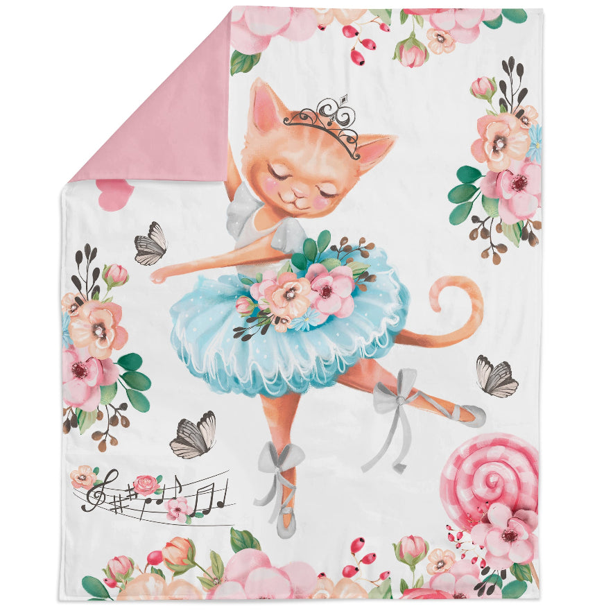 A fabric panel featuring a cute kitty in a pink and blue ballet outfit with floral patterns in the background.