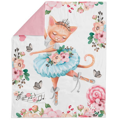 A fabric panel featuring a cute kitty in a pink and blue ballet outfit with floral patterns in the background.
