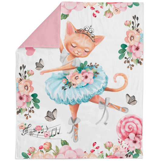 A fabric panel featuring a cute kitty in a pink and blue ballet outfit with floral patterns in the background.