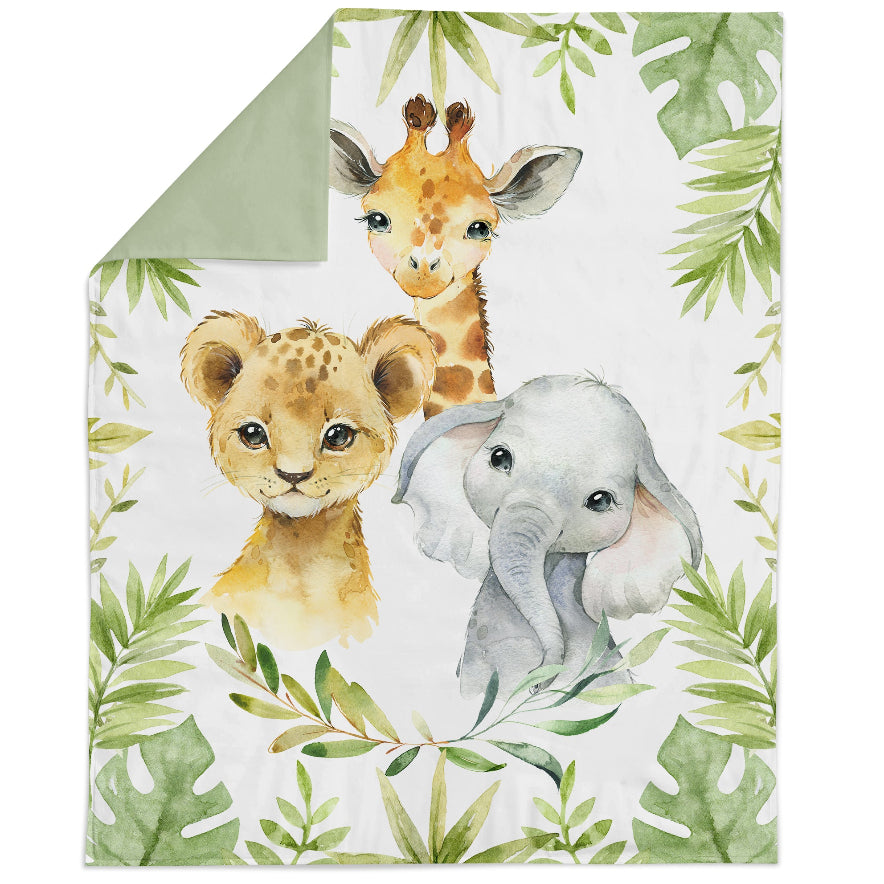 A fabric panel featuring illustrations of a giraffe, lion, and elephant surrounded by green foliage, on a white background.