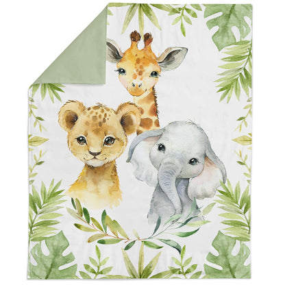 A fabric panel featuring illustrations of a giraffe, lion, and elephant surrounded by green foliage, on a white background.