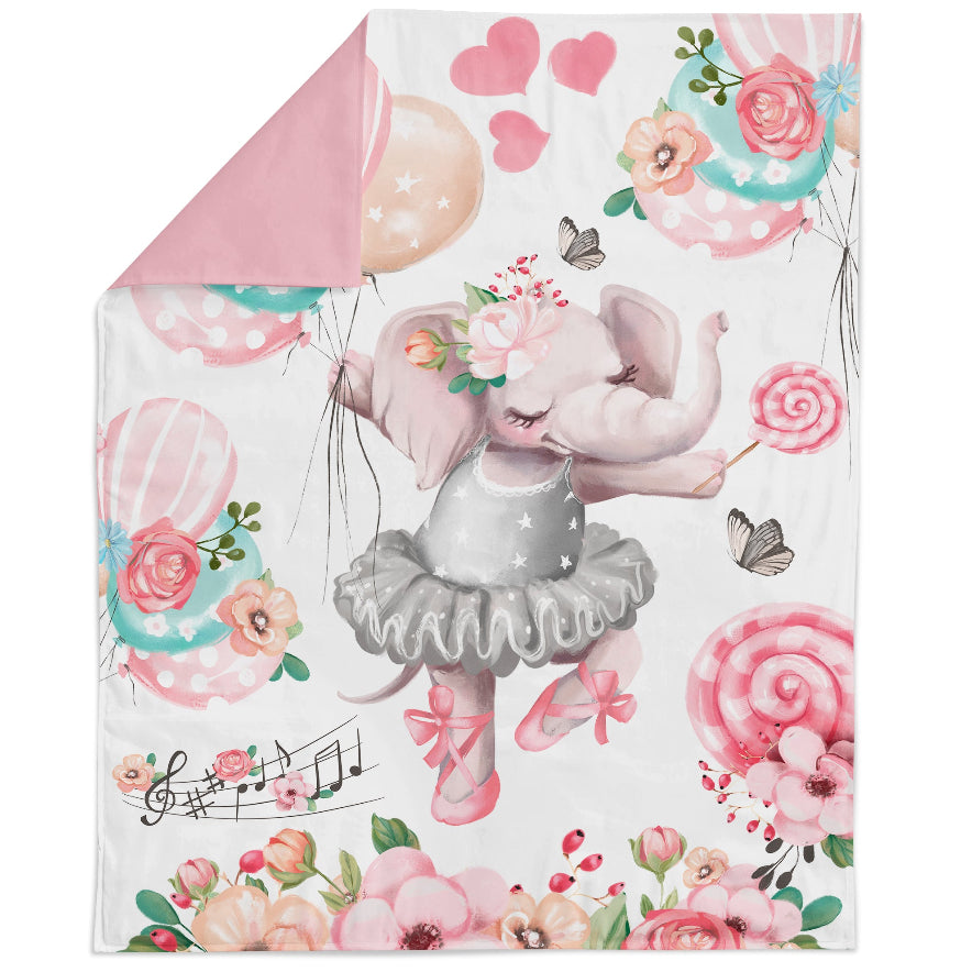 Floral and balloon-themed blanket with a ballerina elephant design.