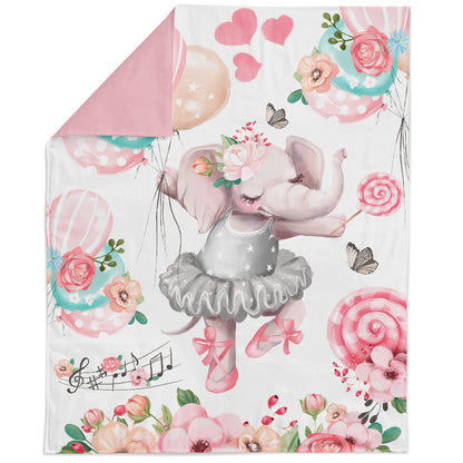 Floral and balloon-themed blanket with a ballerina elephant design.