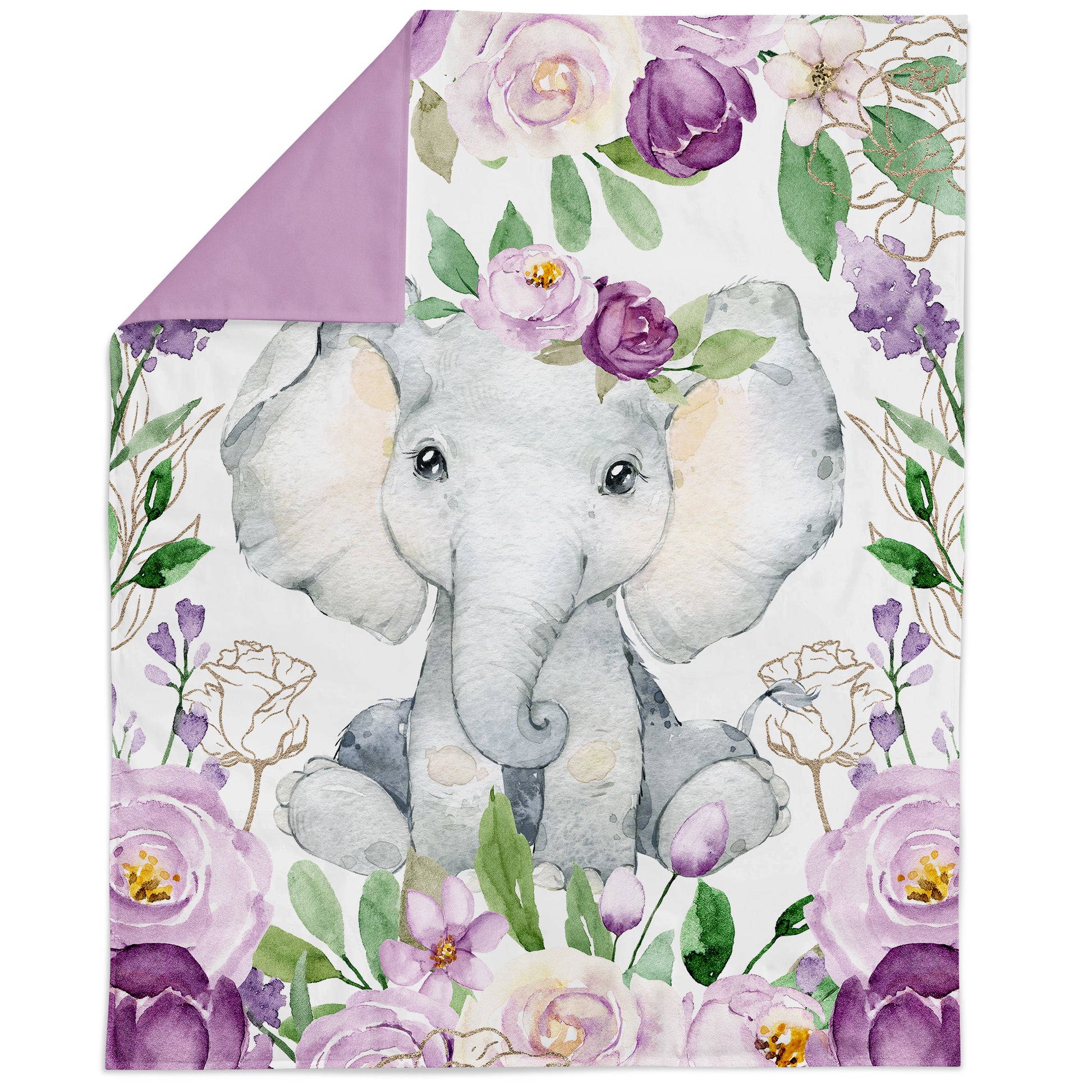 A fabric panel featuring a gray elephant with purple flowers in a floral pattern on a white background.